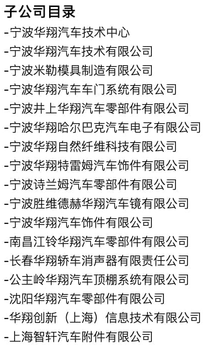 宁波华翔集团股份有限公司子公司名录