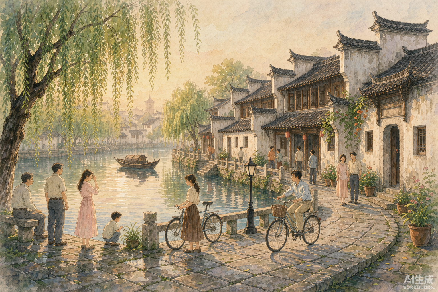 宁波两日游路线手绘风插画:天一阁藏书楼、鼓楼与老外滩夜景同框